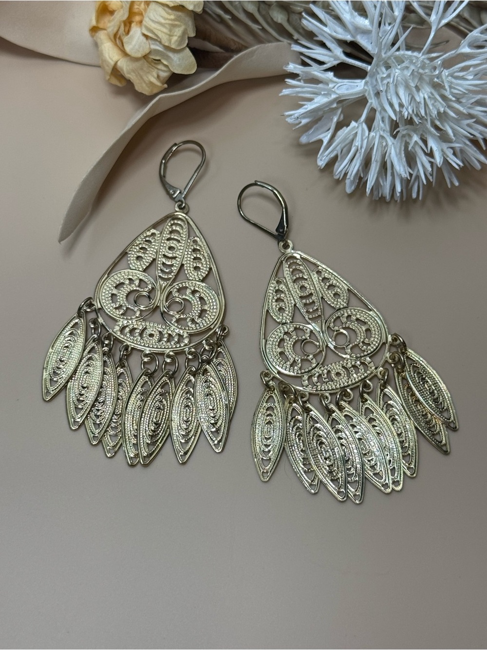 Gold Tone Filigree Chandelier Dangle Earrings Boho Statement